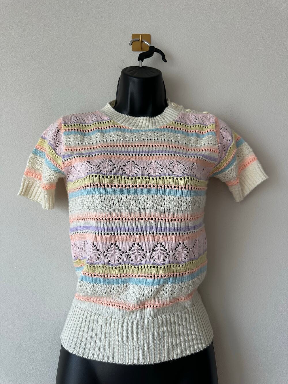 Vintage Snowbird Knitwear Pastel Pointelle Short Sleeve Sweater Top Cottagecore